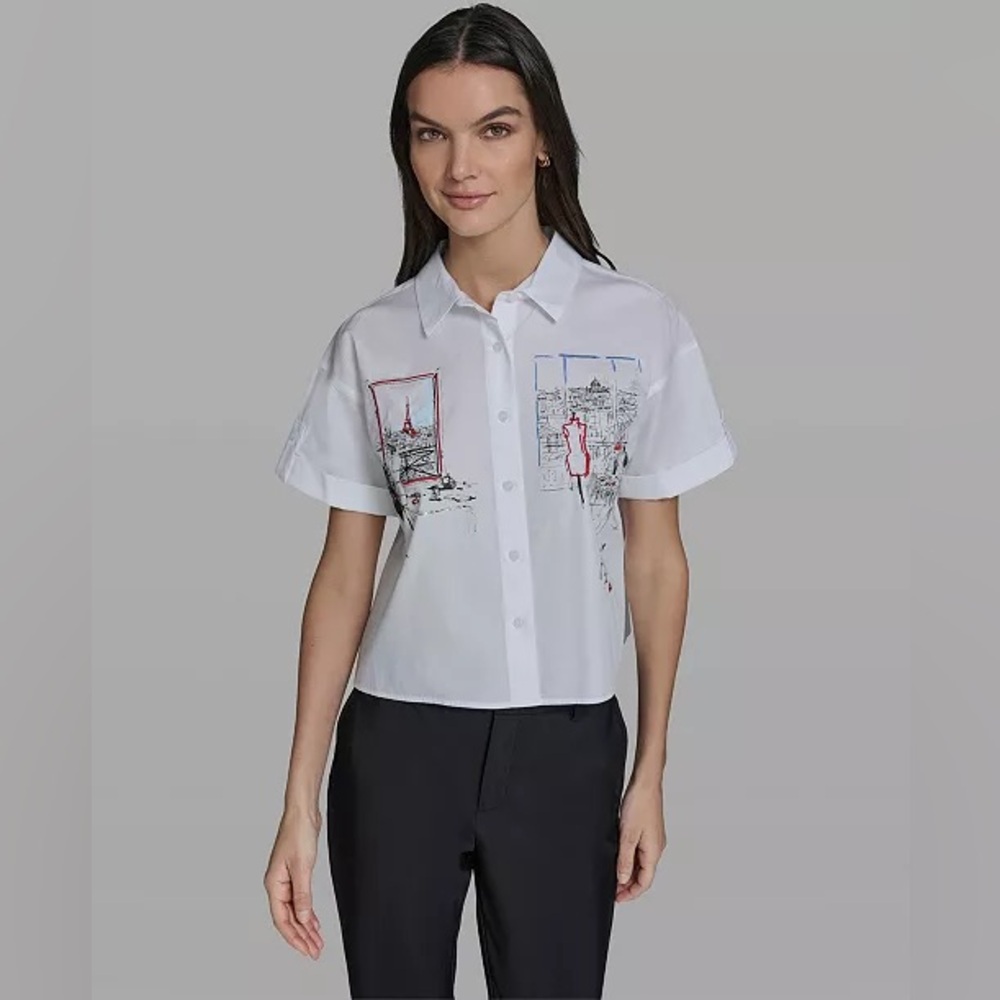 KARL LAGERFELD PARIS Women's Cropped City Scene Collared Top S Small